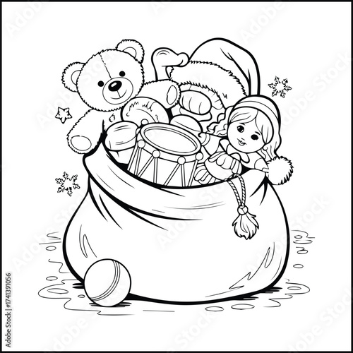 Whimsical black and white line drawing of a santa sack overflowing with classic toys for christmas