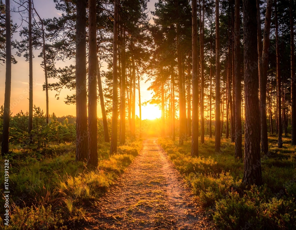 Fototapeta premium Sunlight path through pine trees at sunset