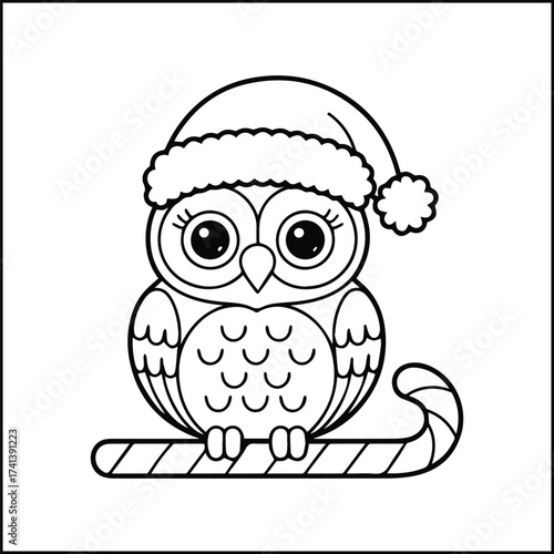Cute cartoon owl wearing a santa hat sitting on a candy cane for christmas coloring page
