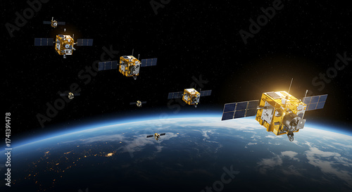 A constellation of communication satellites deploying in a line while orbiting high above the Earth.