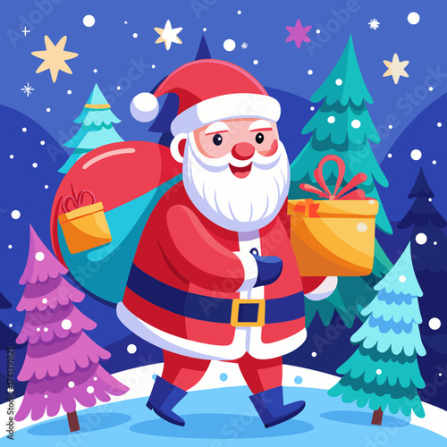 Magical Santa Claus carrying a sack of presents through softly falling snow under a glowing moon and starry sky, surrounded by pine trees, warm and joyful Christmas night vector illustration