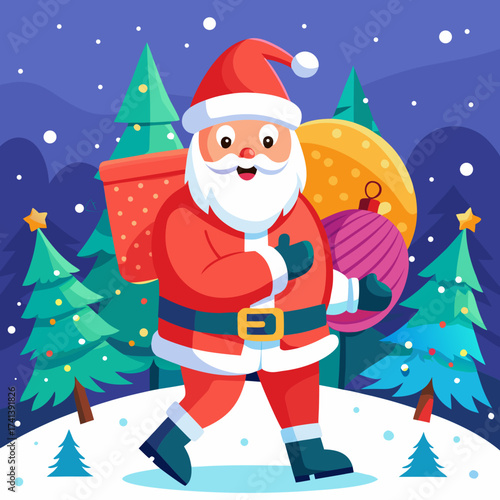 Cheerful Santa Claus in bright red costume walking through a snowy pine forest with a large sack of gifts, surrounded by snowflakes and stars, joyful winter holiday vector illustration for Christmas g