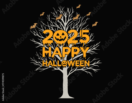2025  Happy Halloween Tree Ghost - printable editable vector art file.