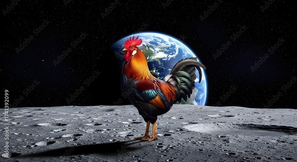 Naklejka premium Rooster on moon, Funny space animal, First chicken space,