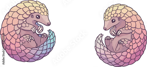Cartoon rainbow pangolins curled in ball, colorful fantasy animals with gradient scales, whimsical wildlife illustration, imaginative children’s artwork, magical creature design