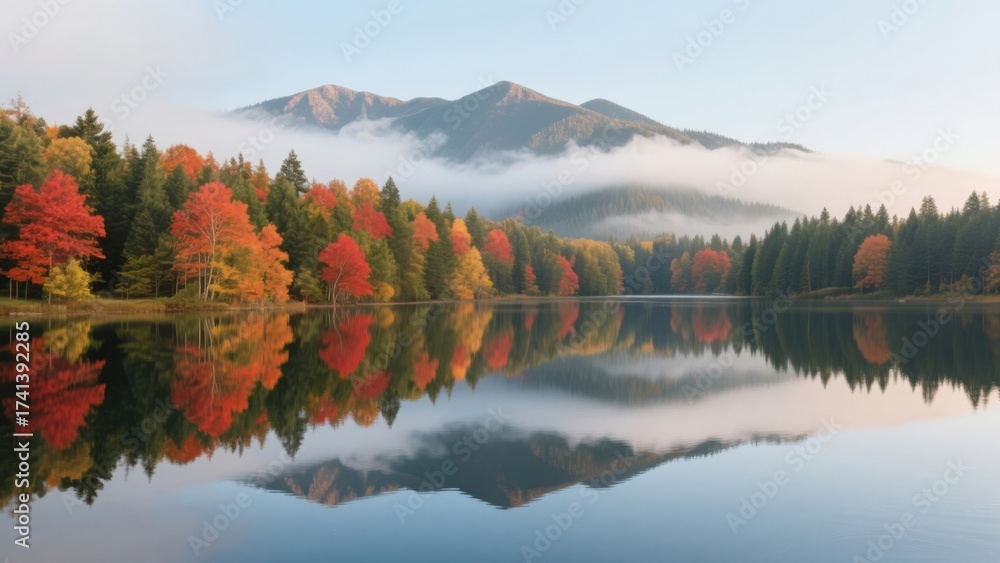 Fototapeta premium Autumn lake with mountain reflection