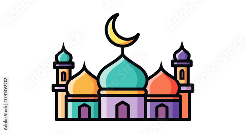 Colorful Mosque Illustration with Crescent Moon Topper.