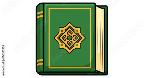 Illustrative Green Holy Book with Golden Islamic Pattern.