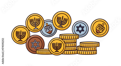 Cartoon Jewish Gelt Coins with Menorah Star of David Dreidel Symbols.