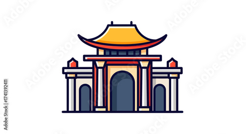 Traditional Asian Temple Gate Icon with Curved Roof.