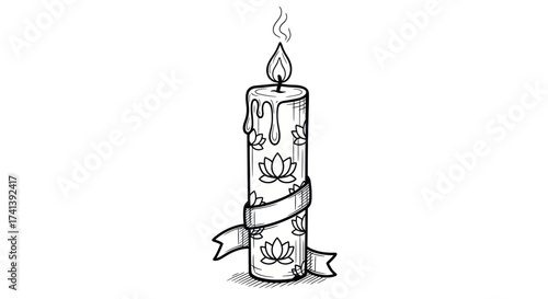 Hand-drawn Burning Candle with Floral Lotus Patterns and Decorative Ribbon.
