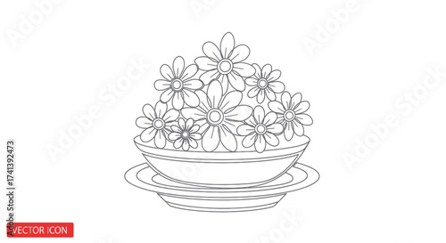 Line Art Illustration of Flowers in a Bowl on a Plate.