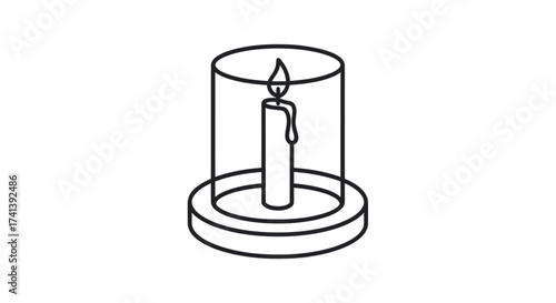 Simple Line Art Illustration of a Lit Candle Inside a Glass Hurricane Lamp.
