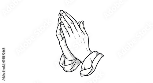 Detailed Black and White Illustration of Praying Hands.