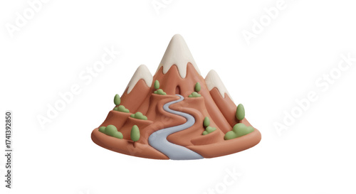 Stylized 3D Rendering of a Cartoon Mountain Range with Winding River.