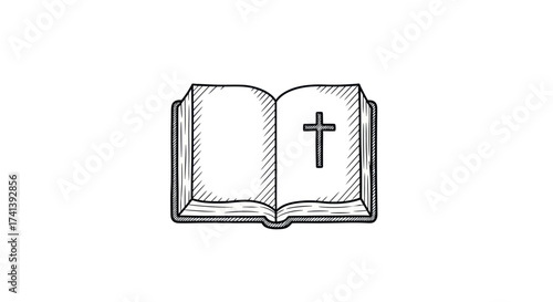 Open Book with Cross Symbol Line Art Illustration.