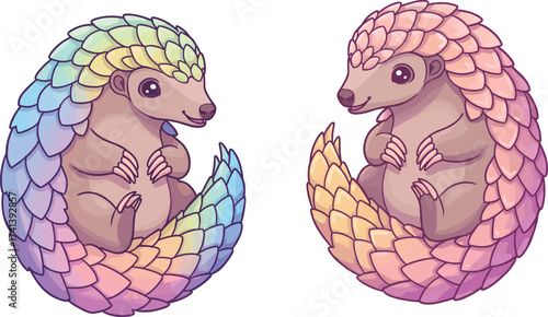 Cartoon rainbow pangolins curled in circle, colorful gradient scales, whimsical exotic animals, fantasy wildlife illustration, imaginative children’s artwork, magical creature design