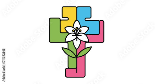 Colorful Interlocking Cross with White Lily Flower Graphic.