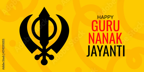 Guru Nanak Jayanti Day banner. Black silhouette of a khanda on an abstract background. Vector template.