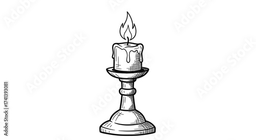 Vintage lit candle in a decorative candlestick holder hand-drawn illustration.