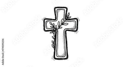 Stylized Christian Cross with Leafy Branch Religious Symbol Illustration.