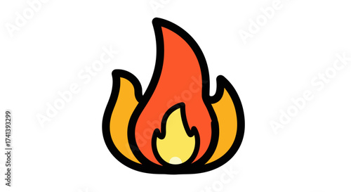 Cartoon illustration of a stylized flame with vibrant orange and yellow hues.
