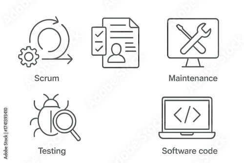 Agile development web icons in thin line style. Scrum process, requirements, maintenance, bug testing, software code collection. Vector symbols for the software lifecycle.