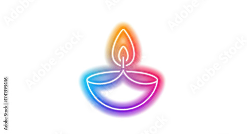 Colorful Neon Diya Lamp Outline Graphic Design Element.