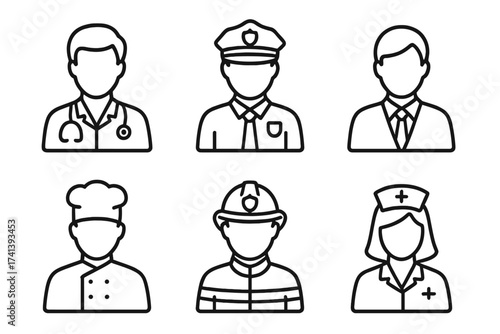 Profession avatar icon set. Job, career concept. Includes doctor, policeman, businessman, chef, fireman, nurse. Staff people symbols. Outline vector illustration pack.
