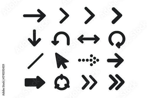Set of black arrow icons. Vector collection of modern simple arrows for user interface. Cursors, pointers, navigation signs. Direction, refresh, next, previous symbols.
