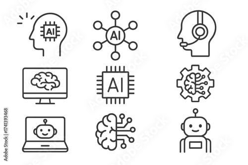 Artificial Intelligence web icons in line style. Innovation technology, virtual learning, assistant, test, machine, robot, bot, brain collection. Vector symbols for automation.
