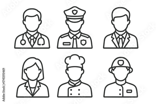 Professions avatar icon set. Line art people of various occupations collection. Doctor, police officer, businessman, businesswoman, chef, firefighter. Job, career, staff profile symbols.