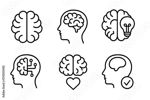 Brain icon set. Mind, cognition, head, intelligence, artificial intelligence, mental health vector icons. Psychology, idea, emotion, technology, innovation, learning concept.