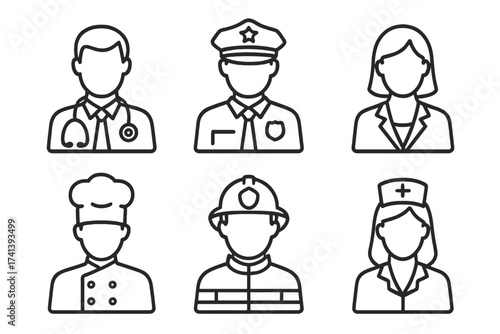 Professions icon collection. Line art avatar set of a doctor, policeman, business woman, chef, fireman, and nurse. Vector pictograms for web and mobile. Job career symbols.