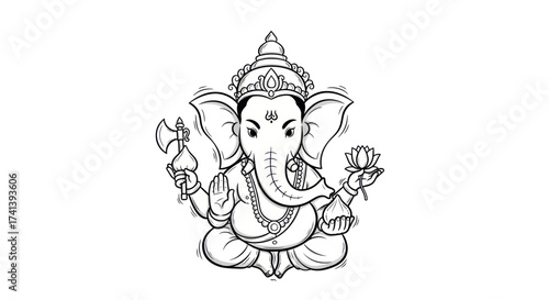 Cartoon Ganesha Line Art Illustration Hindu Elephant God Seated.