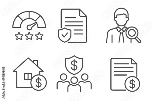 Credit rating and score web icons in thin line style. Financial scoring, mortgage, loan, money, guarantors, auditor, collection. Vector illustration for business and finance.
