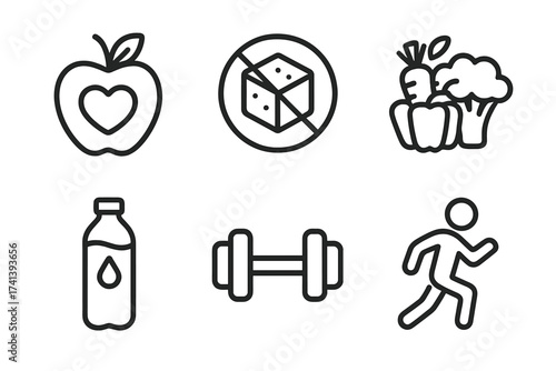 Healthy lifestyle line icon set. Diet, fitness, sport, and nutrition concepts. Vector icons for web and mobile. Healthy food, no sugar, vegetables, water, dumbbell, running.