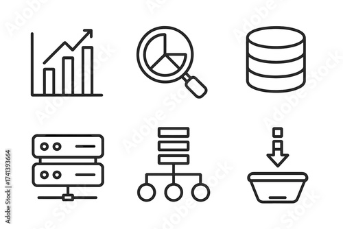 Data analysis line icon set. Vector symbols for statistics, database, server, processing, collection. Big data analytics, business intelligence, and web design elements.