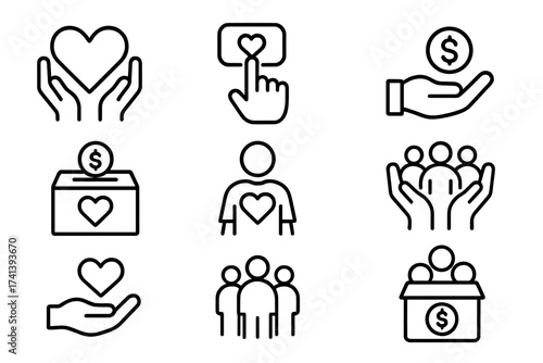 Charity and donation line icon set. Vector symbols for volunteer, community, giving money, nonprofit, support and fundraising. Outline web pictograms for social projects.