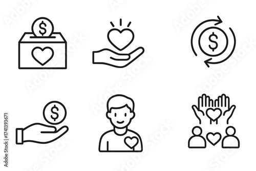 Donation and charity line icon set. Vector symbols for fundraising, nonprofit, giving money. Concepts of volunteer, community support, help, love, and financial aid.