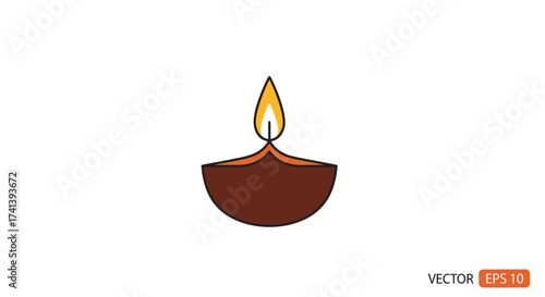 Lit Diya Lamp Illustration with Flame Traditional Oil Lamp for Diwali Festival.