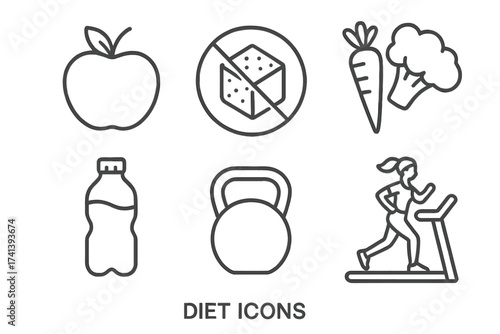 Diet and fitness line icons set. Healthy lifestyle concept. Nutrition, food, zero sugar, vegetables, water, sport, exercise vector illustration collection for web and app.