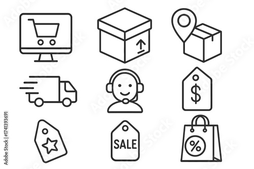 E-commerce web icons line style set. Online shopping, delivery, package tracking, customer service, price tag, sale collection. Vector retail, logistics, support, discount symbols.
