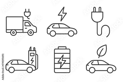 Electric car icon set in thin line style. EV web icons collection with charging station, battery power, eco transport, plug, and electric truck for logistics. Vector symbols.