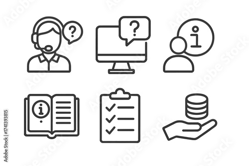 Help and support line icon set. Customer service, call center operator, online help, FAQ, info center, instructions, rules and payment icon collection. Vector pictogram.