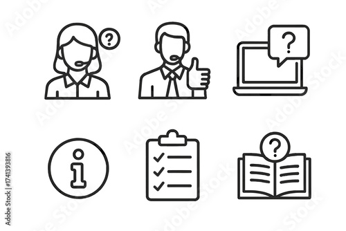Customer service line icons collection. Online help, support assistant, info center, user guide, instructions, rules and faq. Man and woman operator with headset vector set.
