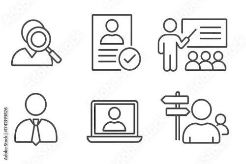 Hiring process line icon set. Human resources, recruitment, and candidate selection symbols. Job interview, career path, training, and onboarding vector icons collection.
