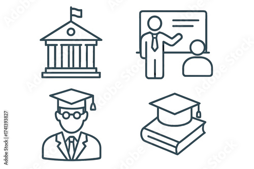 Higher education thin line icon set. University, academy, college symbols. Professor teaching student, classroom lecture, graduate person, graduation cap on book. Vector icons.
