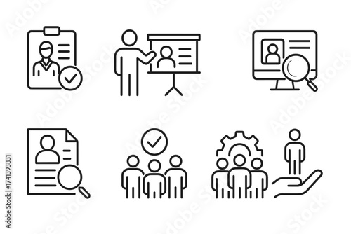 Hiring process line icon set. Human resources management, recruitment signs. Job candidate search, CV review, interview, training and career development vector symbols.