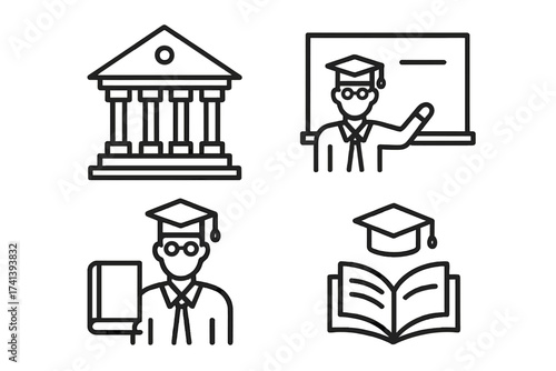 Higher education line icon set. University, college, teaching, and academic symbols. Vector collection with professor, student, graduation cap, and book for learning concepts.